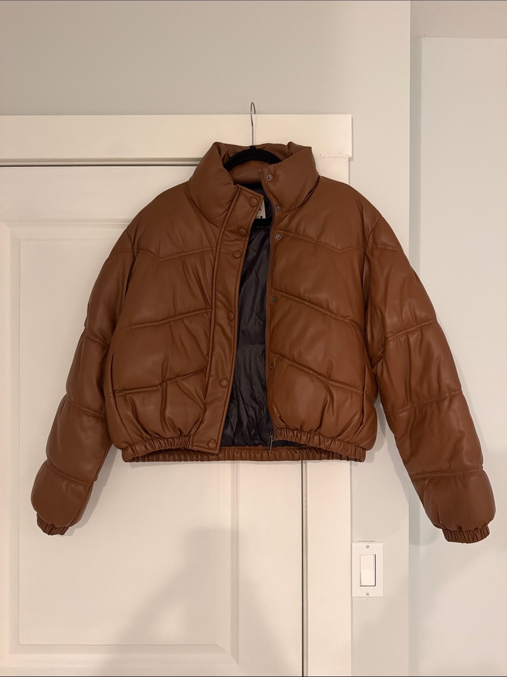 Women’s brown faux leather puffer jacket
